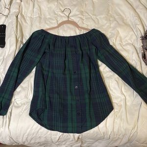 Navy and Green off the shoulder flannel.